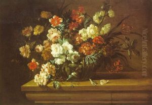 A Still With Roses, Carnations, Marigolds And Other Flowers In A Glass Vase by Jean-Baptiste Monnoyer