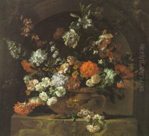 Still Life Of Roses, Carnations, Parrot Tulips, And Other Flowers In A Gilt Urn Upon Carved Pedestal by Jean-Baptiste Monnoyer