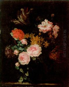 Roses, Tulips And Other Flowers In A Glass Vase On A Ledge by Jean-Baptiste Monnoyer