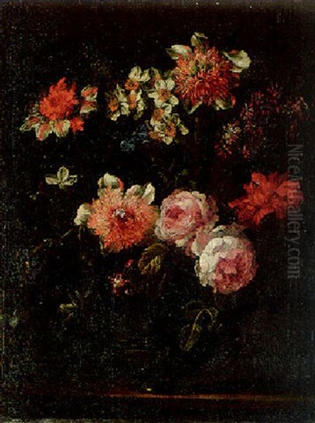 Roses, Narcissi And Other Flowers In A Pewter Vase On A Ledge - view 1