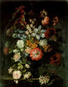 Carnations, Roses, Tulips, And Other Flowers In A Glass Vase On A Ledge by Jean-Baptiste Monnoyer