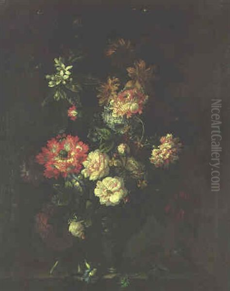 Pink Roses, Carnations, Turk's-cap Lilies, And Other Flowers In A Glass Vase On A Ledge - view 1