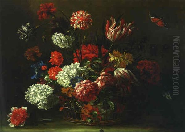 Parrot Tulips, Carnations, Chrysanthemums, Convovulus And Other Flowers In A Basket - view 1