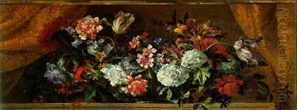Flowers In A Glass Bowl On A Stone Ledge - view 1