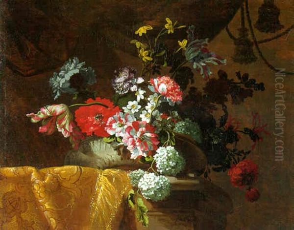 Flowers In An Urn On A Draped Stone Ledge - view 1