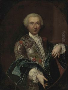 Amalfi Portrait Of A Gentleman, Half-length, In A Grey Silk Jacket, Richlyembroidered With Flowers, Lace Collar And Cuffs, And A Blue Wrap