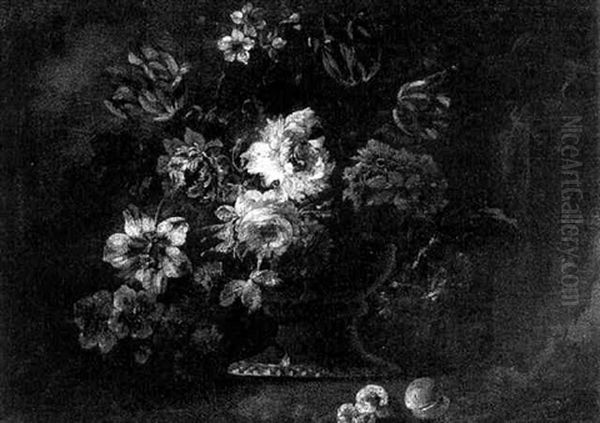 Roses, Tulips And Others Flowers In A Vase On A Stone Ledge - view 1