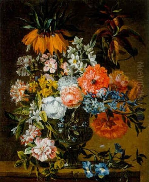Flowers In A Glass Vase On A Stone Ledge - view 1