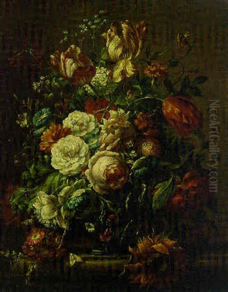 Roses And Other Flowers In A Glass Vase On A Ledge - view 1