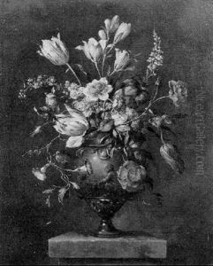 Flowers In A Sculpted Vase On A Pedestal by Jean-Baptiste Monnoyer
