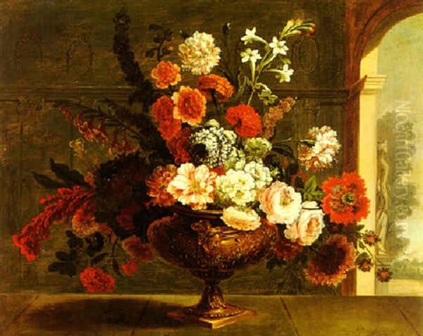 Still Life Of Flowers In An Elaborately Carved Vase, Resting On A Ledge Near An Open Window - view 1