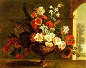 Still Life Of Flowers In An Elaborately Carved Vase, Resting On A Ledge Near An Open Window by Jean-Baptiste Monnoyer