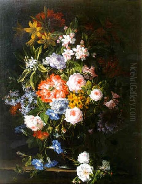 Still Life With Flowers In A Glass Vase On A Stone Ledge - view 1