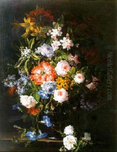 Still Life With Flowers In A Glass Vase On A Stone Ledge