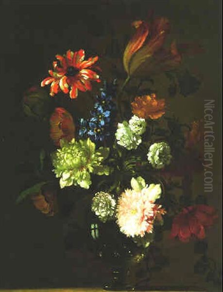 Still Life Of Flowers In A Glass Vase On A Plinth - view 1