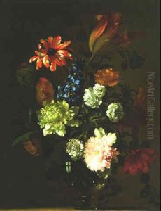 Still Life Of Flowers In A Glass Vase On A Plinth