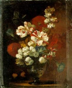 Bourbon Roses And Other Flowers In A Glass Vase On A Round Table Bourbon Roses And Other Flowers In A Glass Vase On A Round Table