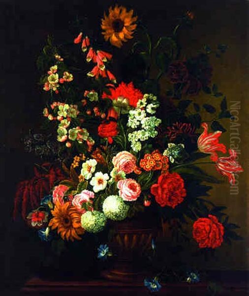 Roses, Sunflowers, Carnations, Tulips And Other Flowers In An Urn On A Table - view 1