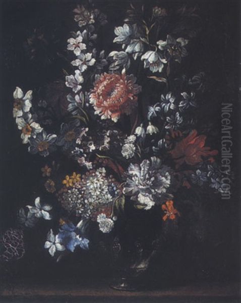 Still Life Of Chrysanthemums, Hyacinths And Other Flowers In A Glass Vase - view 1