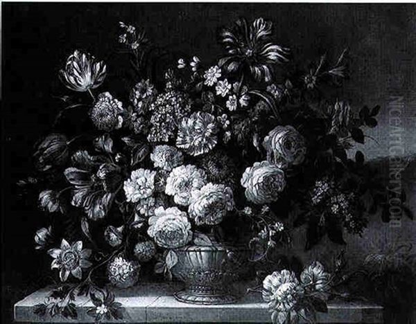 Still Life Of Peonies, Roses And Other Flowers In A Bronze Vase On A Stone Ledge - view 1
