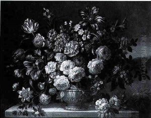 Still Life Of Peonies, Roses And Other Flowers In A Bronze Vase On A Stone Ledge by Jean-Baptiste Monnoyer