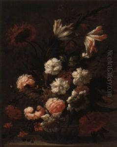 Still Life Of Roses, Tulips And Other Flowers In A Glass Vase by Jean-Baptiste Monnoyer