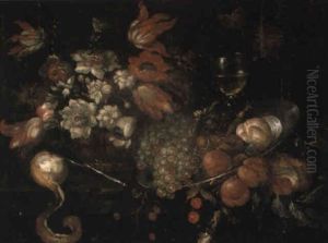 A Basket Of Flowers On A Table With Fruit On A Plate, A Lemon, Knife And Glass