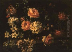 Still Life Of Roses And Other Flowers In A Basket On A Ledge by Jean-Baptiste Monnoyer