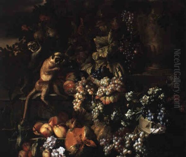 Still Life Of Grapes, Peaches, Melons Cascading Over A Ledge With Monkeys - view 1