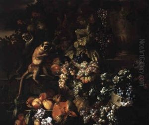 Still Life Of Grapes, Peaches, Melons Cascading Over A Ledge With Monkeys by Jean-Baptiste Monnoyer