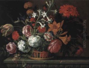 Corbeille De Fleurs Sur Un Entablement De Pierre Sculptee