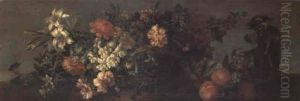Lilies, Carnations And Other Flowers In A Basket by Jean-Baptiste Monnoyer