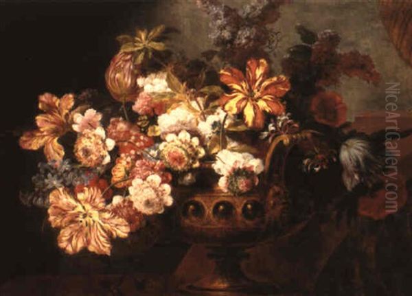 A Still Life Of Flowers In A Gilt Vase On A Basulstrade - view 1