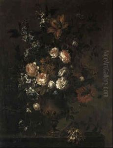 Roses, Hyacinth, Honeysuckle, Morning Glory And Others In An Urn On A Ledge by Jean-Baptiste Monnoyer