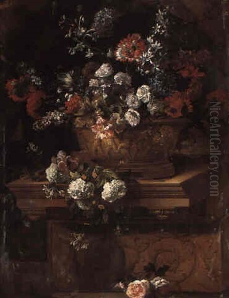 Flowers In A Sculpted Urn On A Plinth In A Draped Portico - view 1
