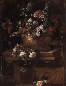Flowers In A Sculpted Urn On A Plinth In A Draped Portico by Jean-Baptiste Monnoyer