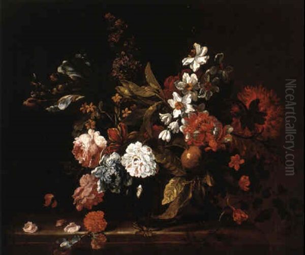 Peonies, Irises And Other Flowers In A Glass Vase On A Ledge - view 1