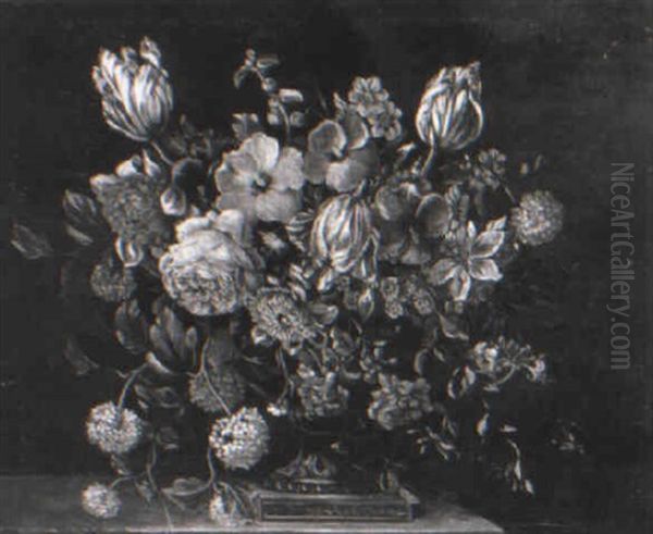 Tulips, Peonies, Roses And Other Flowers In A Sculpted Urn On A Ledge - view 1
