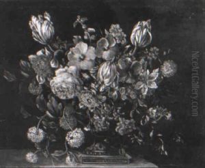 Tulips, Peonies, Roses And Other Flowers In A Sculpted Urn On A Ledge by Jean-Baptiste Monnoyer