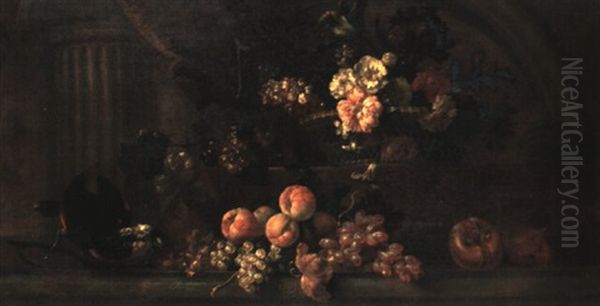 Still Life Of Parrot And Fruit On A Ledge - view 1