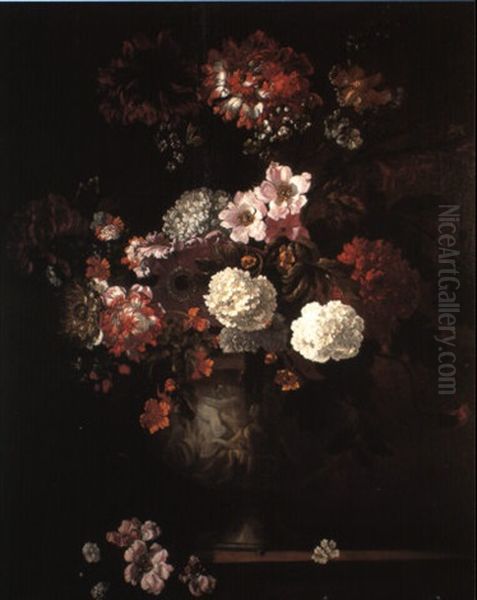 Carnations And Other Flowers In An Urn On A Stone Ledge - view 1