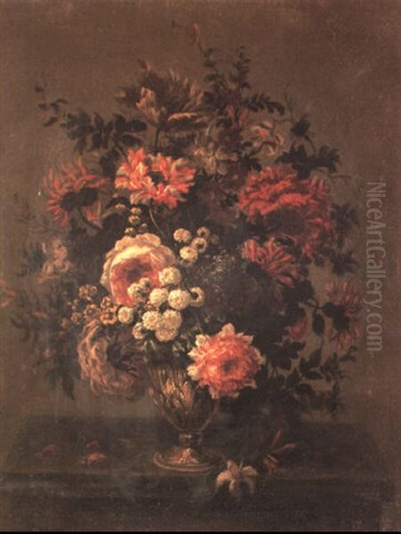 Still Life Of Roses, Tulips And Other Flowers In A Vase On A Stone Plinth - view 1