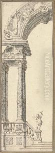 Design For A Half-arch With Composite Columns And A Statue Of Cupidholding Arrowheads by Ferdinando Galli Bibiena