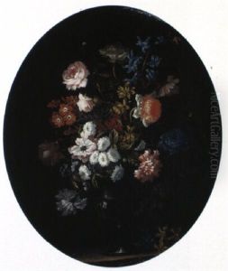 Pink Roses And Other Flowers In A Glass Vase On A Ledge by Jean-Baptiste Monnoyer