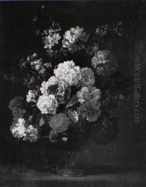 Pink And White Roses And Other Flowers In A Fluted Vase On A Ledge - view 1