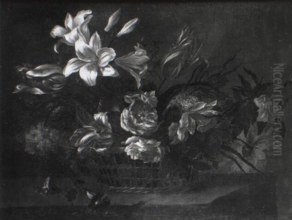 Lilies And Other Flowers In A Basket On A Ledge - view 1