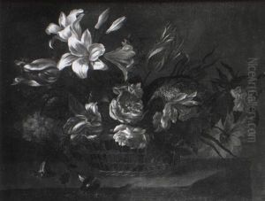 Lilies And Other Flowers In A Basket On A Ledge by Jean-Baptiste Monnoyer