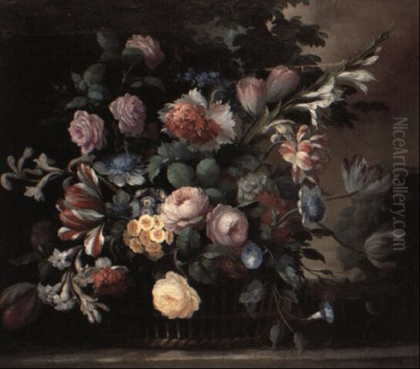 Roses And Other Flowers In A Wicker Basket On A Stone Ledge - view 1