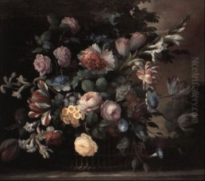 Roses And Other Flowers In A Wicker Basket On A Stone Ledge by Jean-Baptiste Monnoyer
