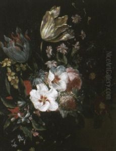Tulips And Other Flowers In A Vase On A Ledge
